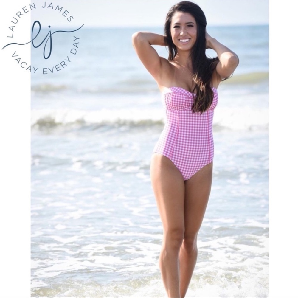 Lauren James Gingham One Piece Bandeau Swimsuit in Pink size Small